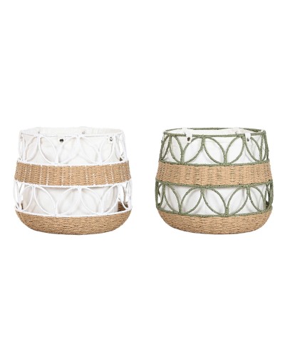 Dekorativ korg Home ESPRIT Vit Grön Naturliga fibrer Tropiskt (2 antal)