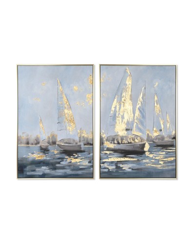 Canvas Home ESPRIT Grijs Turkoois Gouden Jacht Mediterrane (2 Stuks)