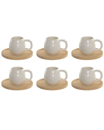 Set med 6 koppar och fat Home ESPRIT Vit Bambu Porslin 150 ml