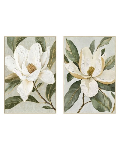 Quadro Home ESPRIT Bianco Verde Fiore Shabby Chic (2 Unità)