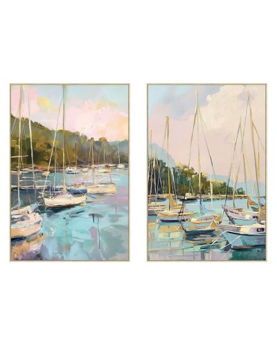 Quadro Home ESPRIT Azzurro Verde Grigio Rosa Velieri Mediterraneo (2 Unità)