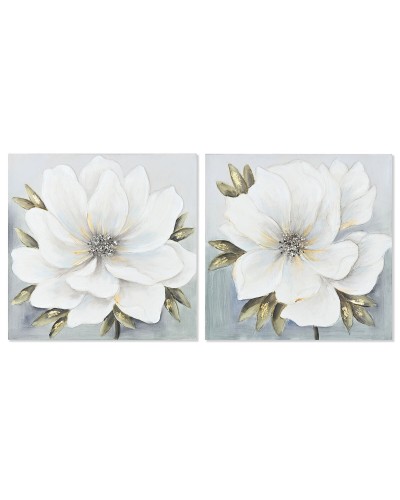 Schilderij Home ESPRIT Wit Gouden Canvas Hout MDF Bloem Romantiek 60 x 3 x 60 cm (2 Stuks)