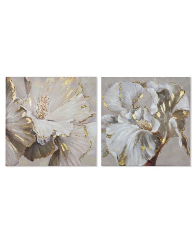 Tavla Home ESPRIT Beige Gyllene Kanvas Trä MDF Modern Blomster 80 x 3 x 80 cm (2 antal)