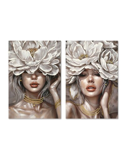 Quadro Home ESPRIT Bianco Beige Fiori Romantico 60 x 3 x 90 cm (2 Unità)