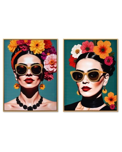 Quadro Home ESPRIT Turchese Fiori Laccato 52,5 x 3 x 72,5 cm (2 Unità)