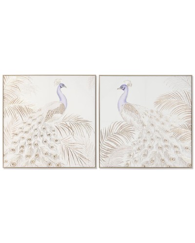 Cuadro Home ESPRIT Blanco Natural Pavo real Tropical 100 x 5 x 100 cm (2 Unidades)