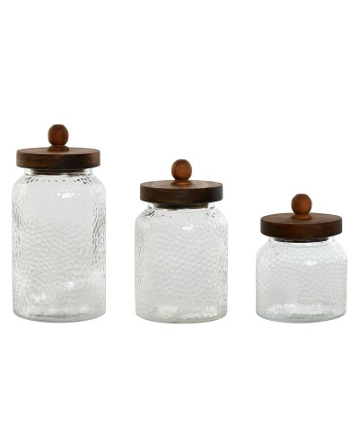 Uppsättning med 3 Burkar Home ESPRIT Transparent Naturell Silikon Glas Akaciaträ 600 ml 900 ml 1,2 L 3 Delar