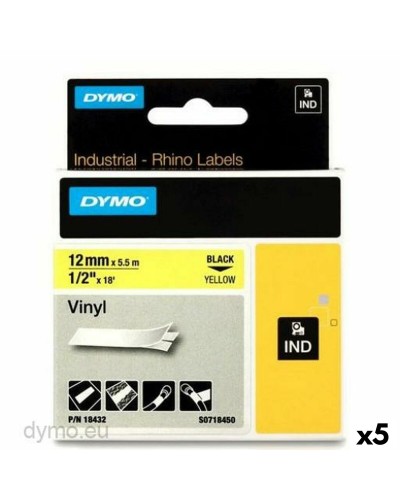 Ruban Laminé pour Etiqueteuses Rhino Dymo ID1-12 12 x 5,5 mm Noir Jaune Autocollants (5 Unités)