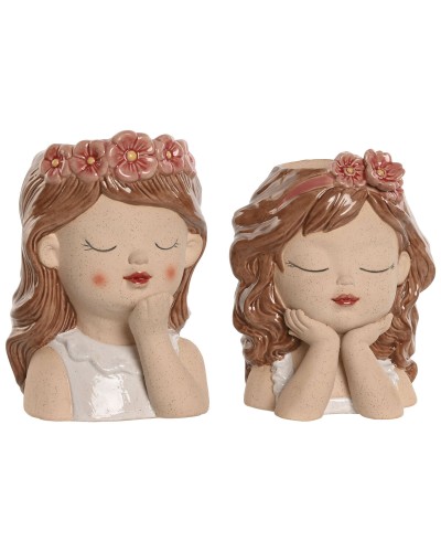 Grondlegger Home ESPRIT Wit Beige Roze Dolomite chica 12 x 14 x 18 cm (2 Stuks)