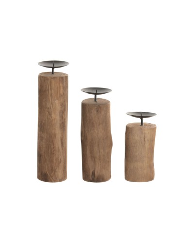 Set med ljusstakar Home ESPRIT Brun Svart Naturell Järn teakträ 8 x 8 x 30 cm (3 antal)