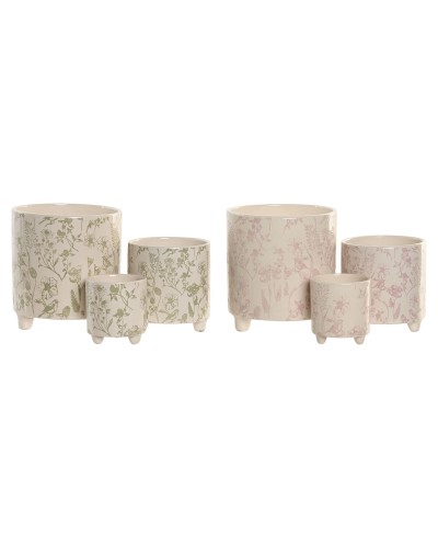 Planter Home ESPRIT White Green Pink Ceramic Flowers Shabby Chic 13,7 X 13,7 X 14,7 CM (3 Pieces) (2 Units)