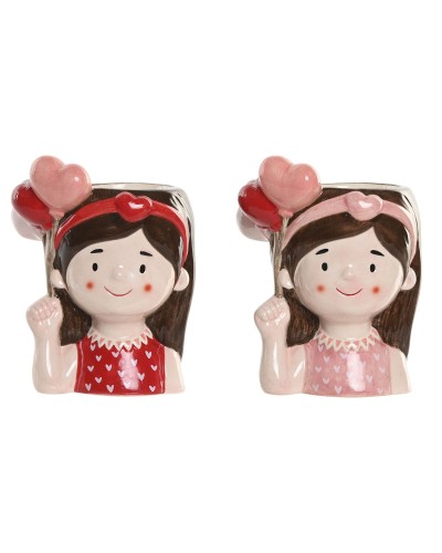 Planter Home ESPRIT Red Pink Ceramic chica Urban 12 x 9 x 16 cm (2 Units)