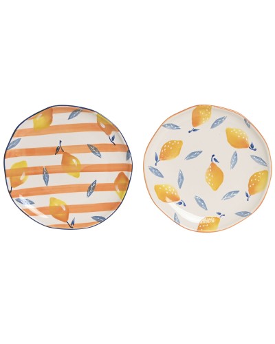 Plato Llano Home ESPRIT Amarillo Azul Blanco Naranja Gres Limón Mediterráneo 27 X 27 X 2,7 CM (2 Unidades)