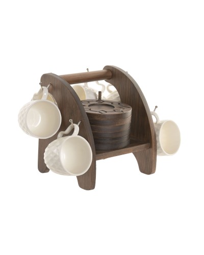 Set van koffiekopjes Home ESPRIT Wit Donkerbruin Bamboe Porselein 90 ml 6 Onderdelen