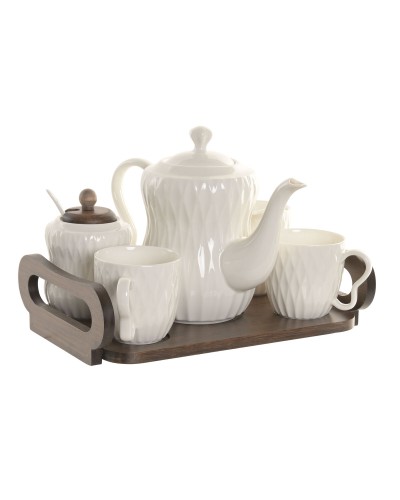 Set di Tazze da Caffè Home ESPRIT Bianco Marrone scuro Bambù Porcellana 240 ml 6 Pezzi