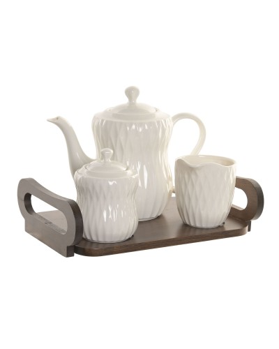 Juego de Tetera Home ESPRIT Blanco Marrón oscuro Bambú Porcelana
