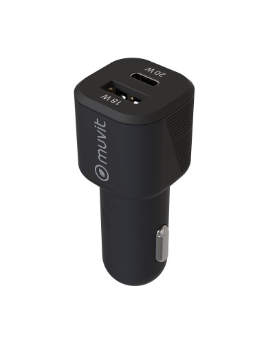 muvit for change cargador coche 1 USB QC 3.0 18W+1 Tipo C PD 20W negro