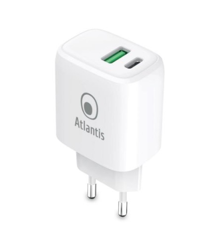ATLANTIS UNIVERSAL POWER ADAPTER for SMARTPHONES & TABLETS P008-PD20GN-2U AC 20W output 1xUSB 1xUSB-C PD GAN TECHNOLOGY