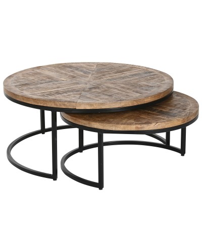 Jeu de 2 tables Home ESPRIT Marron Noir Naturel Métal Bois de manguier 90 x 90 x 40 cm