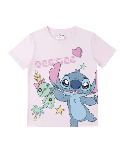 Camiseta de Manga Corta Infantil Stitch Rosa claro