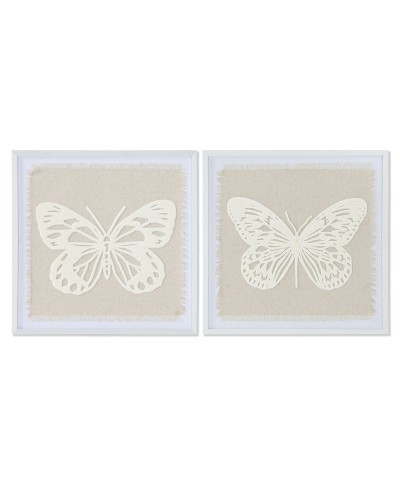 Maalaus Home ESPRIT Valkoinen Beige Perhonen Shabby Chic 40 x 2,2 x 40 cm (2 osaa)