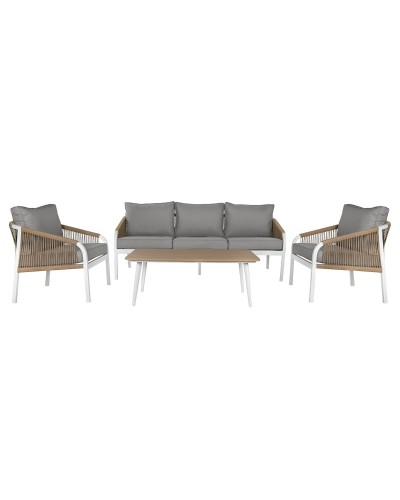 Table Set with 3 Armchairs Home ESPRIT White Natural Light grey 189 x 73 x 84 cm