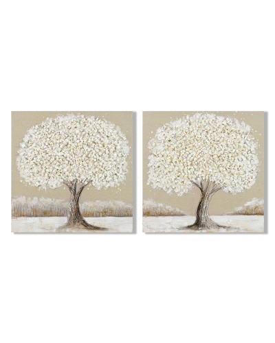 Tela Home ESPRIT Bianco Beige Albero Tradizionale 100 x 3 x 100 cm 102 X 3 X 102 CM (2 Unità)