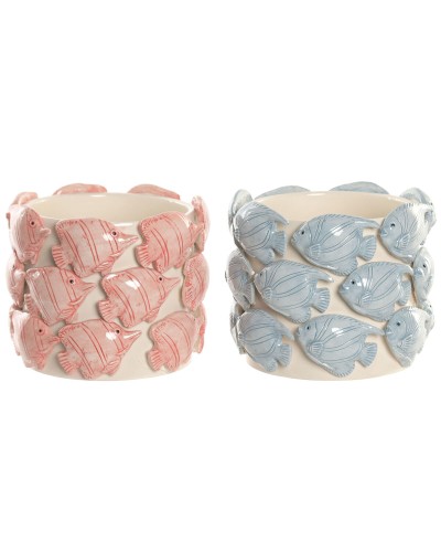 Vaso Home ESPRIT Azzurro Corallo Ceramica Mediterraneo 18 x 18 x 15 cm (2 Unità)