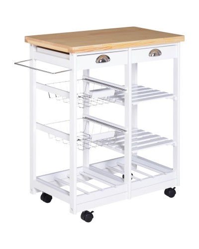  Carrello da Cucina Multiuso con 2 Cassetti, 2 Ripiani e 2 Cesti, in Legno di Pino, 74x37x76 cm, Bianco