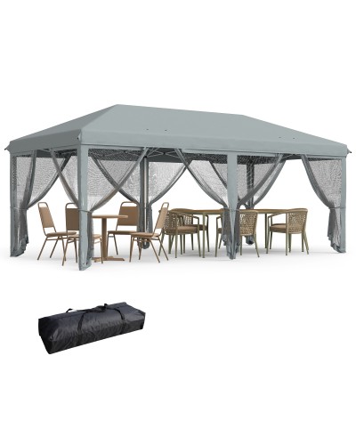  Gazebo da Giardino Pieghevole 6x3 m con 6 Zanzariere e Pulsante, in Acciaio e Poliestere, Grigio