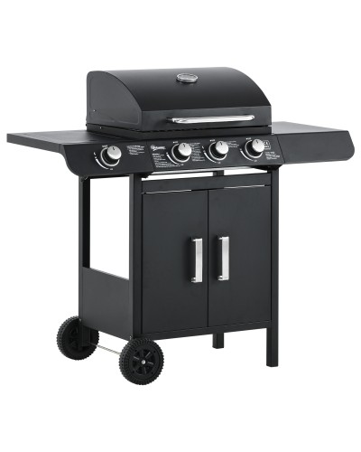  Barbecue a Gas con Coperchio, 4 Bruciatori da 11.6kW, Fornello, Mensola e 2 Ruote, 110x50x100cm Nero