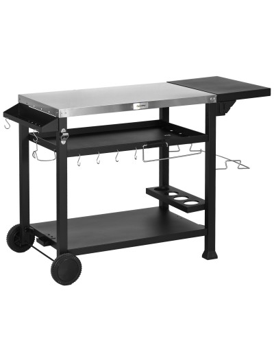  Carrello Barbecue con Tavolino Pieghevole in Acciaio Inox, 2 Ruote e Accessori, 125x65x84 cm, Nero