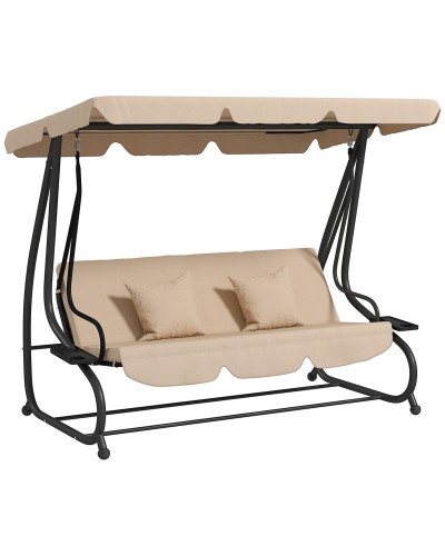  Dondolo Letto da Giardino 3 Posti con Tetto Regolabile e Vassoio, 200x120x164 cm, Marrone Chiaro