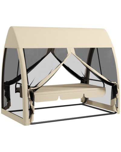  Dondolo da Giardino 2 in 1 Convertibile in Letto con Cuscini e Zanzariera, 240x140x197 cm, Caffè