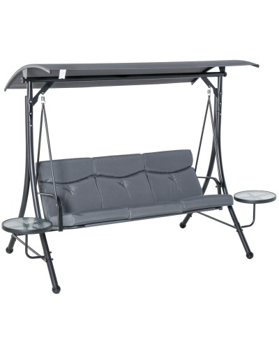  Dondolo da Giardino a 3 Posti , Dondolo da Esterno con Tettuccio Regolabile e 2 Tavolini, Grigio 271x125x177cm