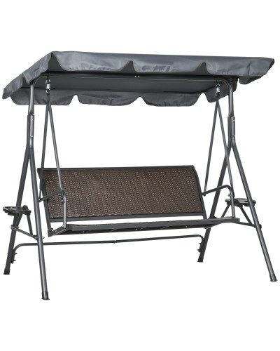  Dondolo da Giardino 3 Posti in Rattan PE e Acciaio con Tettuccio Regolabile e Portabicchieri, 204x112x150 cm