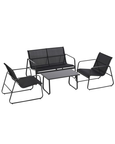  Set Tavolino con Panchina e 2 Sedie da Giardino, Arredamento da Esterno in Metallo e Texteline, Nero