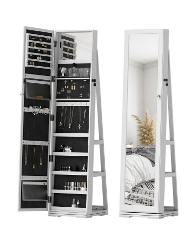  Specchio Portagioie Girevole per Camera da Letto con 2 Chiavi, in Legno Bianco e Vetro, 38x38x160 cm