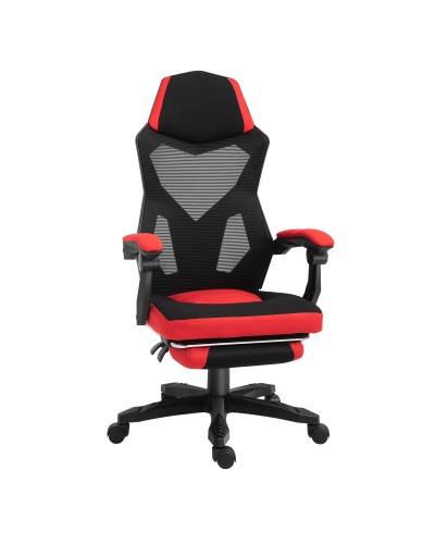  Sedia da Ufficio Ergonomica e Reclinabile con Poggiapiedi, in Tessuto a Rete, 58x63x112-122 cm, Nera e Rossa