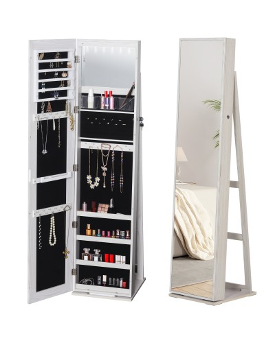  Specchio Portagioie a LED con 4 Scaffali e Spazi Portaoggetti, in Legno e Vetro, 15x15x61.75 cm, Bianco