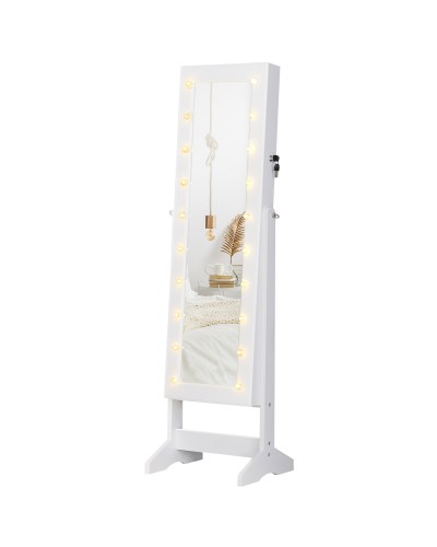  Armadio Portagioielli Portagioie Specchio Regolabile 20 Luci LED, Legno, Bianco, 40x37x146 cm