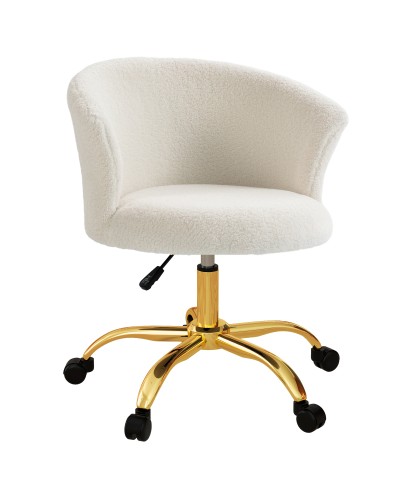  Sedia da Ufficio Regolabile in Altezza con Seduta Girevole e Rivestimento in Velluto Teddy, Bianco e Oro