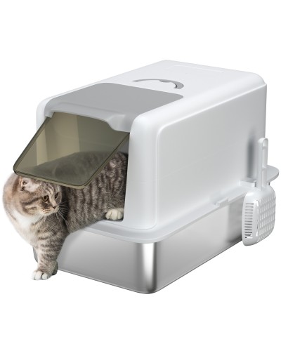  Lettiera per Gatti Chiusa con Vassoio in Acciaio, Paletta e Sacchetti Filtranti, PP, 40.5x60.5x41.5 cm, Bianco e Argento