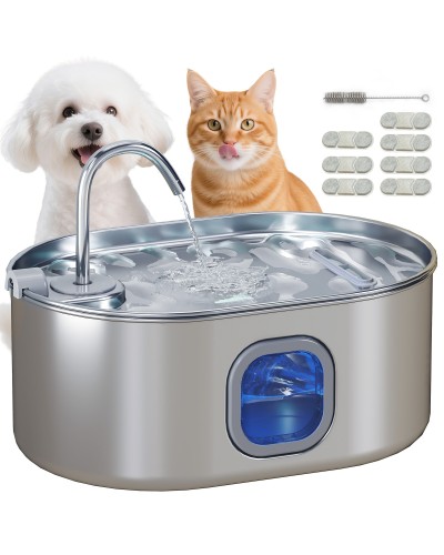  Fontanella per Gatto da 7L con Luce LED e Spazzola, in Acciaio Inox 304, 32x22.1x22.3 cm, Argento