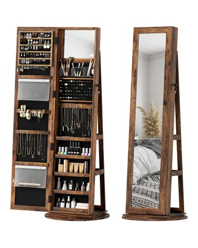  Specchio Portagioie da Terra Girevole a 360° con Ripiani e Chiusura a Chiave, 55x55x161 cm, Marrone Rustico