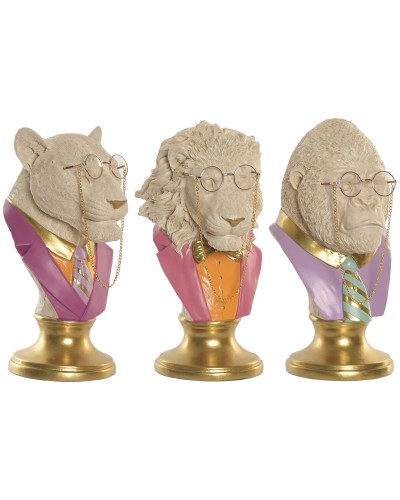 Prydnadsfigur Home ESPRIT Vit Multicolour Gyllene Tiger Lejonet Gorilla (3 antal)