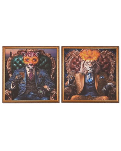 Cadre Home ESPRIT Jaune Bleu Doré Léopard Lion Loft 100 x 4 x 100 cm (2 Unités)