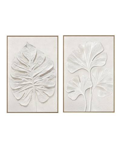 Cuadro Home ESPRIT Blanco Hoja de planta Escandinavo (2 Unidades)