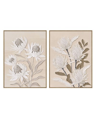 Cuadro Home ESPRIT Blanco Beige Flores Tradicional (2 Unidades)