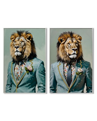 Cadre Home ESPRIT Bleu ciel Lion Urbaine Laqué 62 x 3,5 x 92 cm (2 Unités)